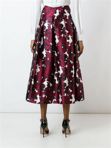 Oscar De La Renta Floral Print Pleated Silk Satin Skirt