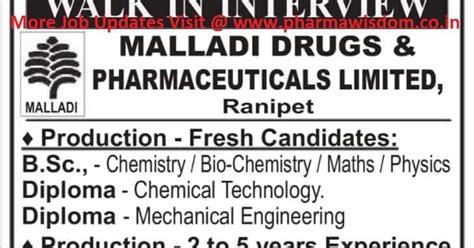 PHARMA WISDOM Malladi Drugs Pharmaceuticals Ltd Walk In Interviews