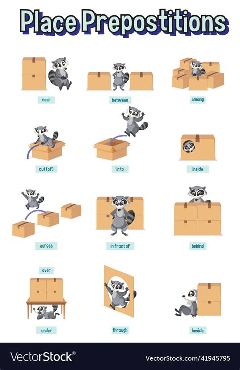 Preposition Wordcard With Raccoon And Box Vector Image