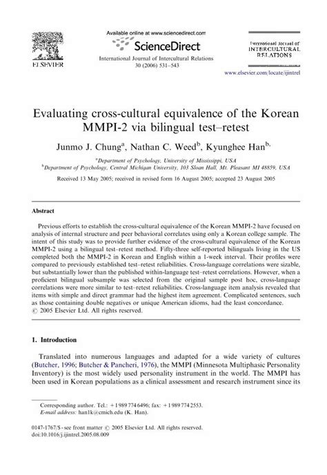 PDF Evaluating Cross Cultural Equivalence Of The Korean MMPI 2 Via