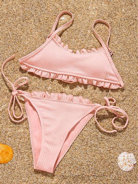 Emmiol Kostenloser Versand 2024 Solid Bikini Set mit Rüschenbesatz Rosa