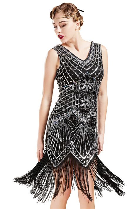 Women S Flapper Dresses S V Neck Beaded Fringed Great Gatsby Dress