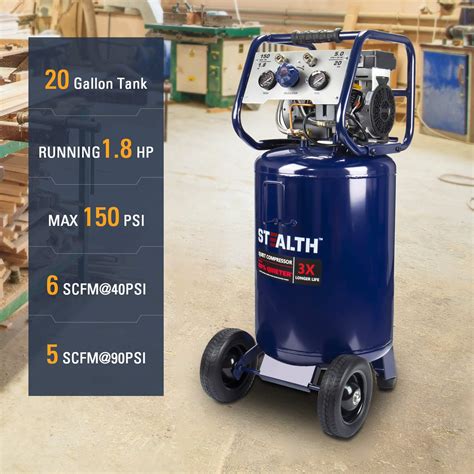 Stealth 20 Gallon Ultra Quiet Air Compressor 1 8 HP Oil Free Peak 150