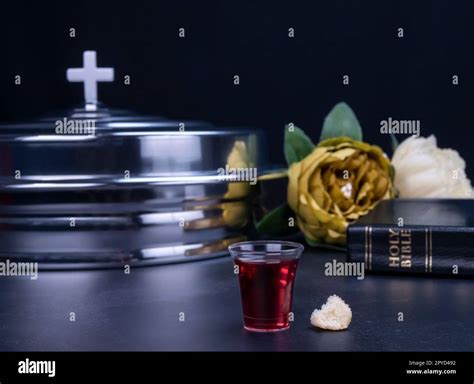 Taking Communion The Wine And The Bread Symbols On Black Background