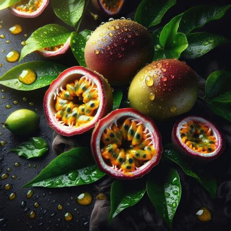 Premium Photo Passion Fruits On A Black Background With Water Droplets On Them And Green