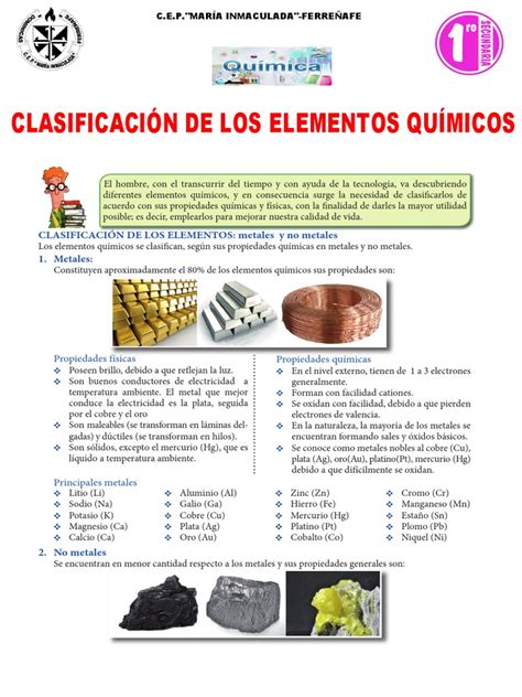 1°sec Clasificación De Los Elementos Químicos Pdf Elementos