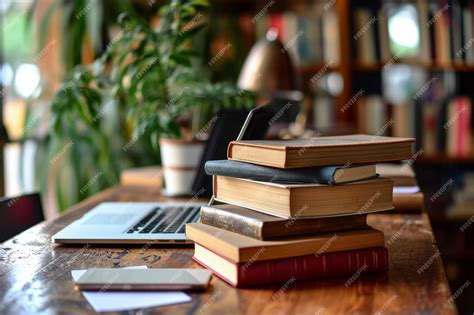 Premium Photo Organized Pile Of Books On A Desk With A Laptop