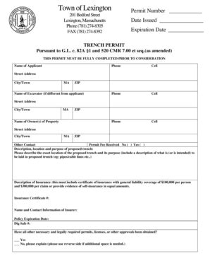 Fillable Online Ci Lexington Ma Trench Permit Town Of Lexington Ci