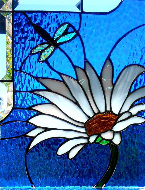 Daisy With Dragonfly Stained Glass Window Panel Etsy