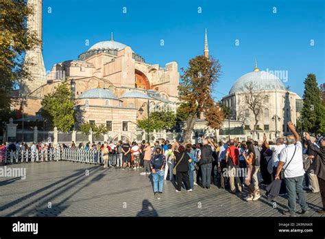 Tourists Standing In Queue To Enter Hagia Sofia Cathedral Fatih