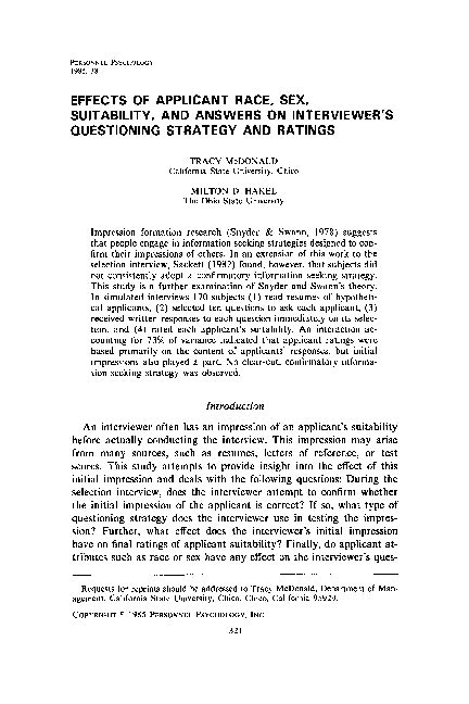 Pdf Effects Of Applicant Race Sex Suitability And Answers On Interviewers Questioning