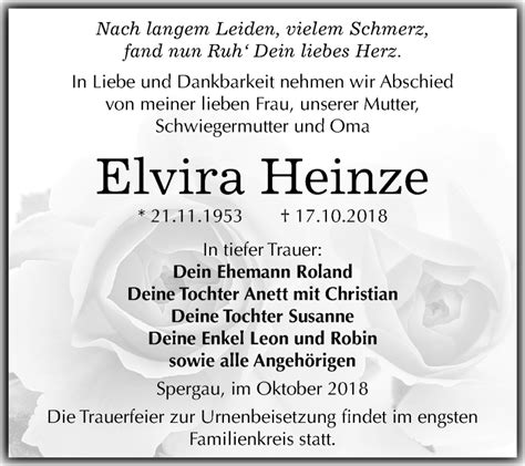 Traueranzeigen Von Elvira Heinze Abschied Nehmen De