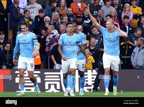 Manchester Citys Erling Haaland Right Celebrates Scoring Their Side