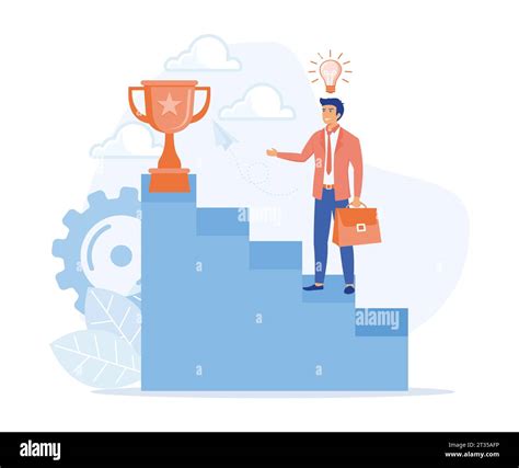 Success Motivation Concept Businessman Holding Trophy Cup Standing On