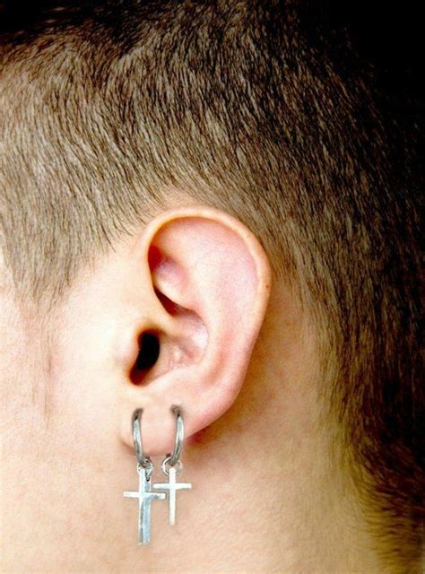 Dangling Cross Clip On Earring Mens Dangle Earrings Silver Etsy