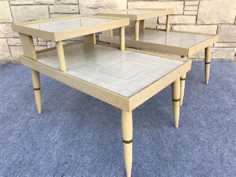 Pair Of Mid Century Modern Step End Table In Blond Wood And Woodgrain