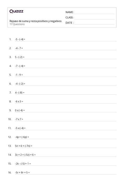 Suma Y Resta Mixta Hojas De Trabajo Para Grado En Quizizz