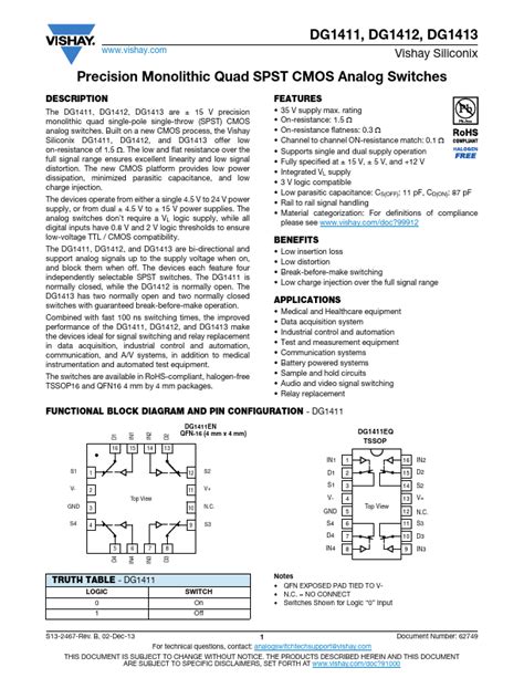 DG1413 Datasheet Precision Monolithic Quad SPST CMOS Analog Switches