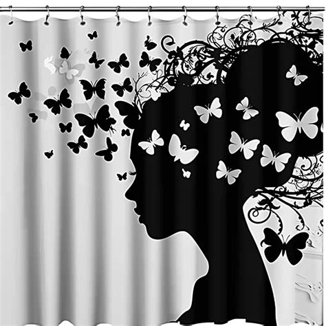 Silhouette Woman With Butterfly Head Design Shower Curtain Black And