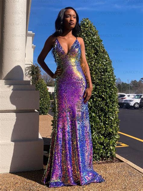 Sexy Mermaid V Neck Holographic Glitter Long Formal Prom Dress Graccy