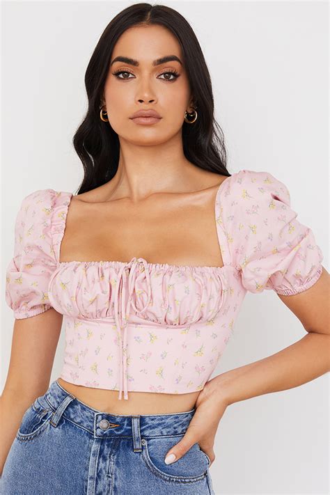 Clothing Tops Arianna Pink Floral Puff Sleeve Cropped Top