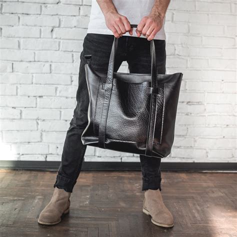 Leather Tote Bag For Men With Zipper Black Leather Shoulder Etsy