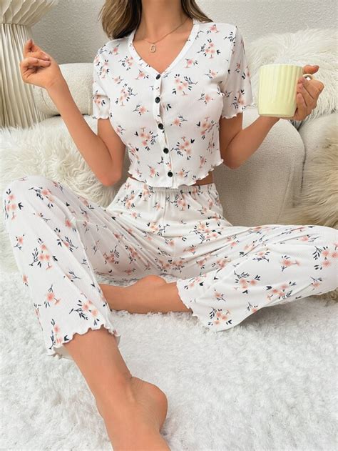 Ensemble De Pyjama Imprim Floral Ourlet Ondul Bouton Mode En