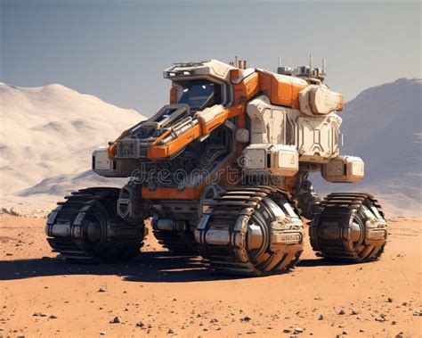 Futuristic Space Vehicle Like Mars Rover On Alien Planet Surface Stock