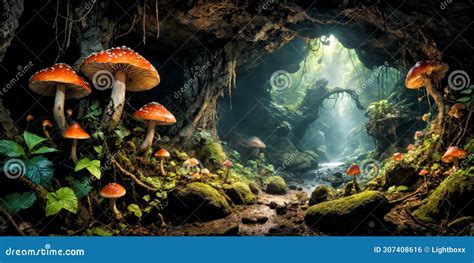 Mushrooms and Fungi in a Tropical Jungle Cave. Stock Illustration - Illustration of cave ...