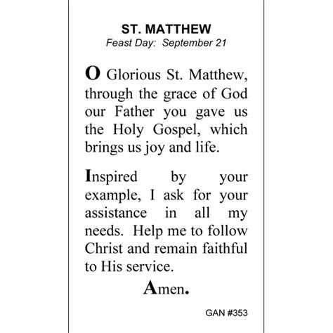 St. Matthew Prayer Card | Gannon's Prayer Card Co.