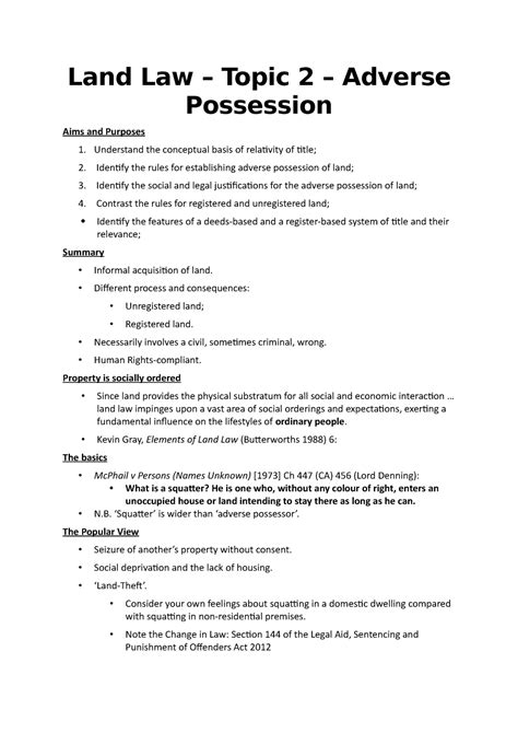 Land Law Topic Adverse Possession Notes Land Law Topic