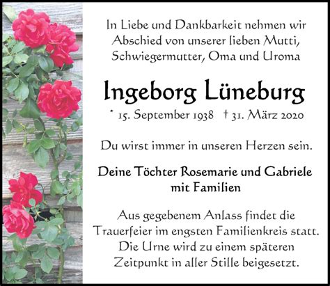 Traueranzeigen von Ingeborg Lüneburg trauer anzeigen de