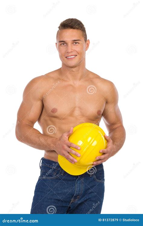 Handsome Fit Man Posing With Yellow Helmet Stock Image Image Of Male