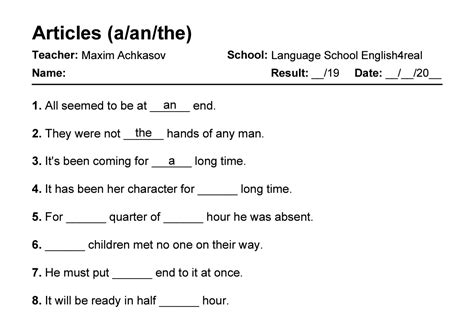 Articles A An The English Grammar Fill In The Blanks Exercises With