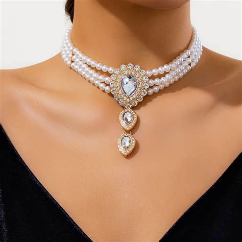 KunJoe Luxury White Rhinestone Droplet Long Choker Necklace Women