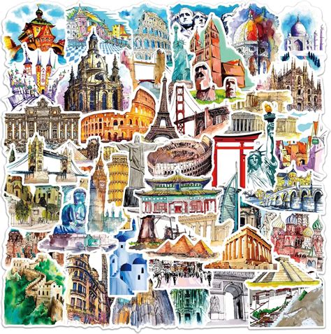 50 Pieces World Landmarks Stickers Scenic Luggage Decalstourism