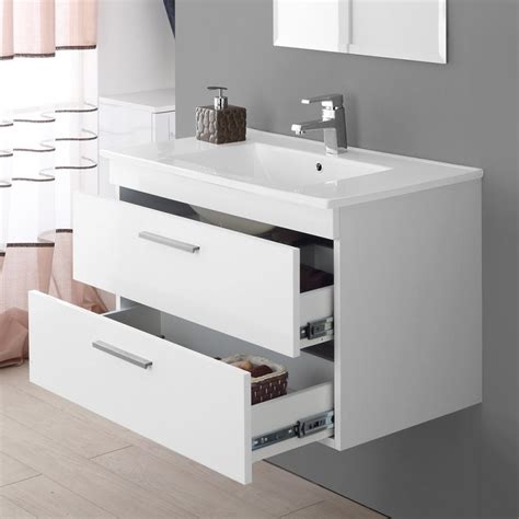 Mobile Bagno Sospeso Salvaspazio In Legno Bianco Con Specchio E Lavabo