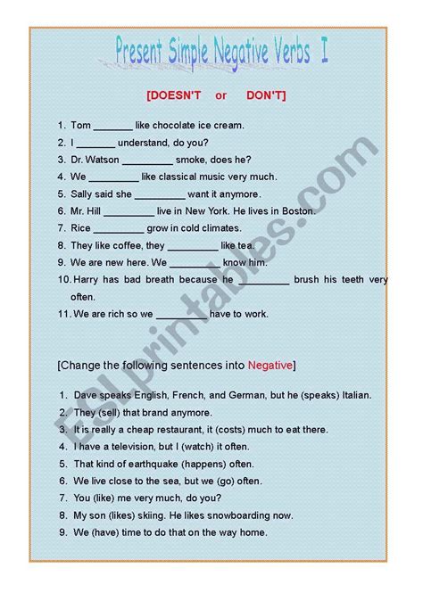 Simple Present Negative Worksheet