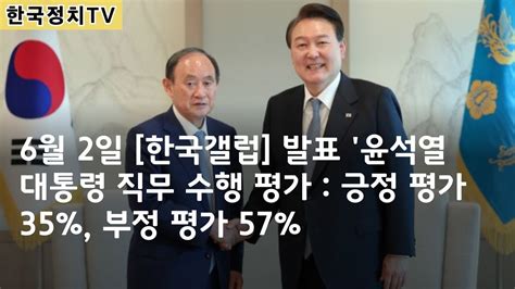 한국정치tv 여론조사결과 6월 2일 한국갤럽 발표 윤석열 대통령 직무 수행 평가 긍정 평가 35 부정