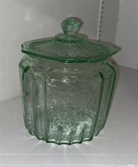 Vintage Green Depression Glass Cookie Biscuit Jar With Lid Mayfair