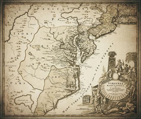 Virginia Maryland And Carolina Vintage Map 1700 Sepia Drawing By Carol