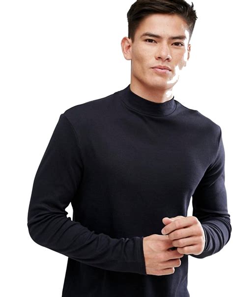 Buy Pause Black Solid Cotton Mock Neck Slim Fit Long Sleeve Mens T