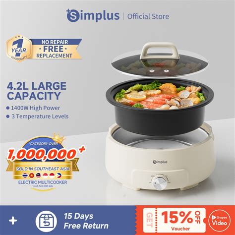Simplus 4 2L Electric Hot Pot 1400W High Power 3 Temperature Levels
