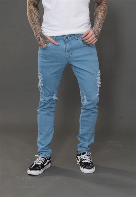 Calça Jeans Skinny Rasgada Delavê Masculina Azul Claro Compre Agora