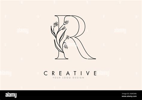 Black Outline R Letter Logo Design With Black Flowers Vector