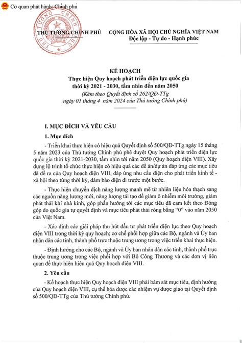 Quy hoạch điện VIII kèm theo Quyết định số 262 QĐ TTg ngày 01 tháng 4