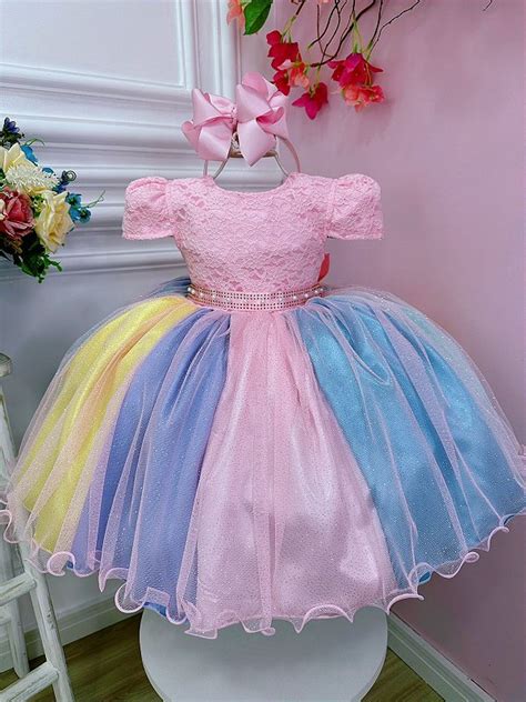 Vestido Infantil Unicórnio Chuva de Amor Arco Iris Festas Fabuloso Ateliê