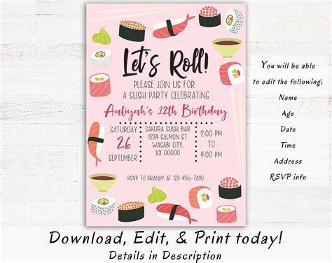 Sushi Birthday Party Invitation Instant Download Printable Girl Sushi