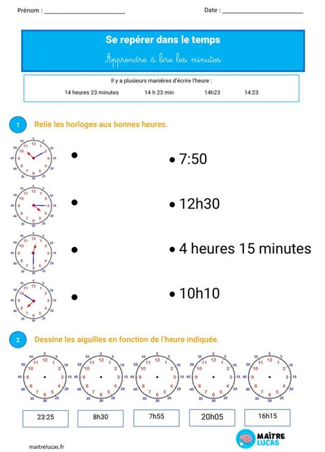 Fiches Lire L Heure En Exercices Pour Cp Ce Ce Ma Tre Lucas