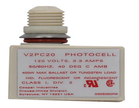 Cch Iep Cooper Crouse Hinds P N V2pc20 V2pc Class 1 Division 2 Photocell 120v 50 60 Hz 1 8a